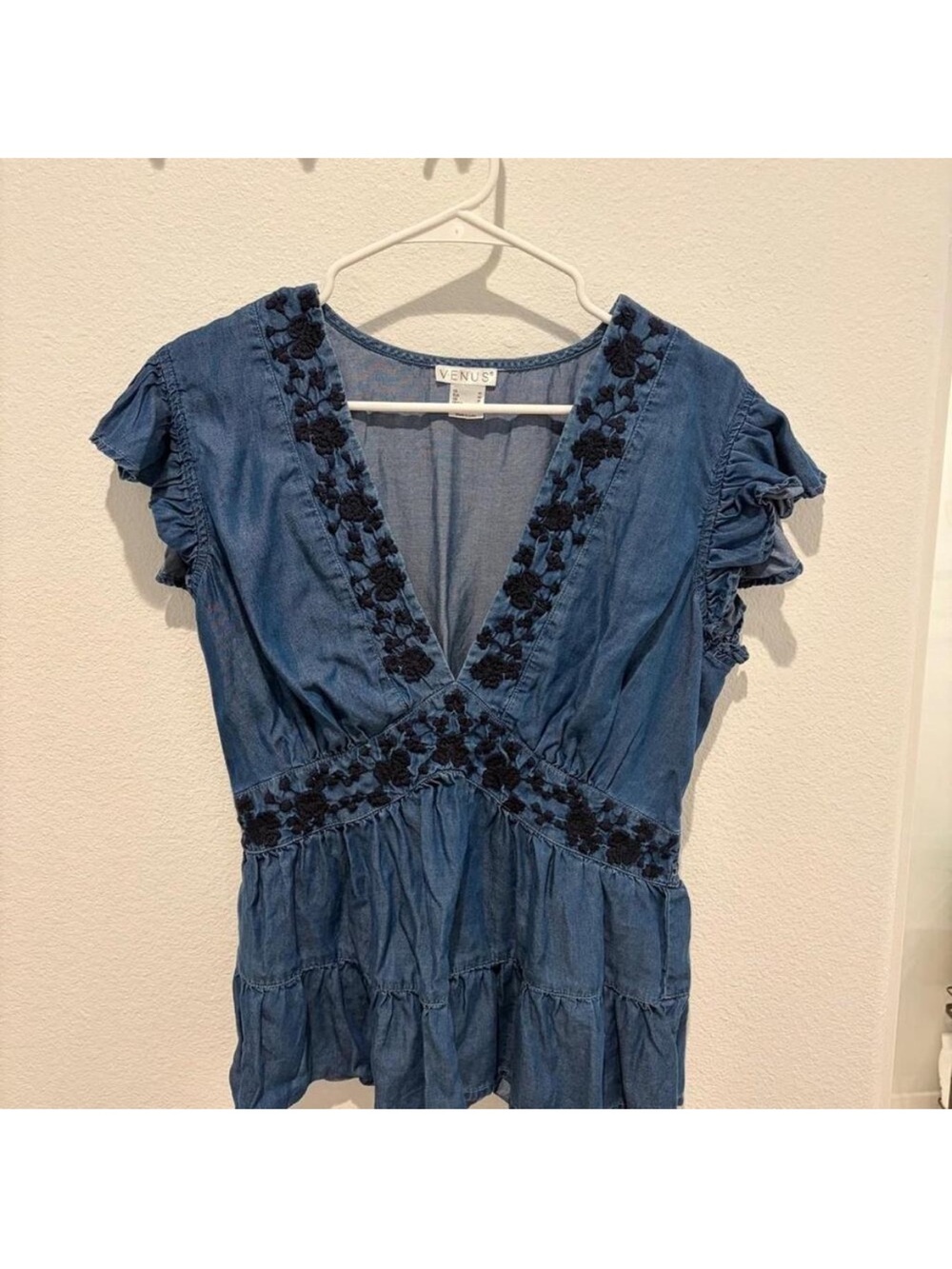 VENUS Blue Denim V-Neck Floral Embroidered Peplum Top